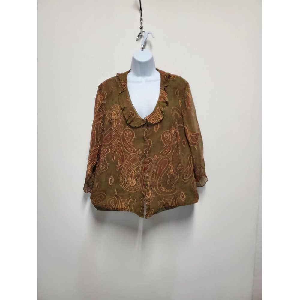AVENUE Womens 18/20 Retro Paisley Button Down Floral Front Ruffle Boho Blouse